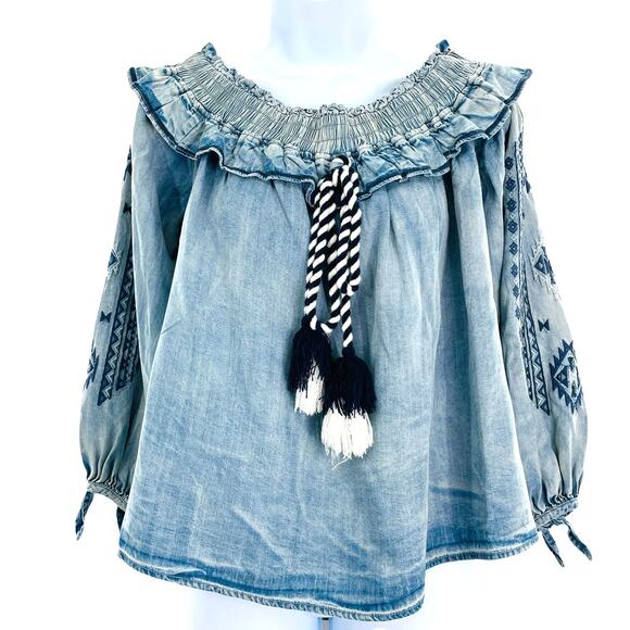 Vintge Havana Blue Tencel Off Shoulder Long Sleeve Peasant Boho Top Ruffle Tie S - Picture 2 of 12